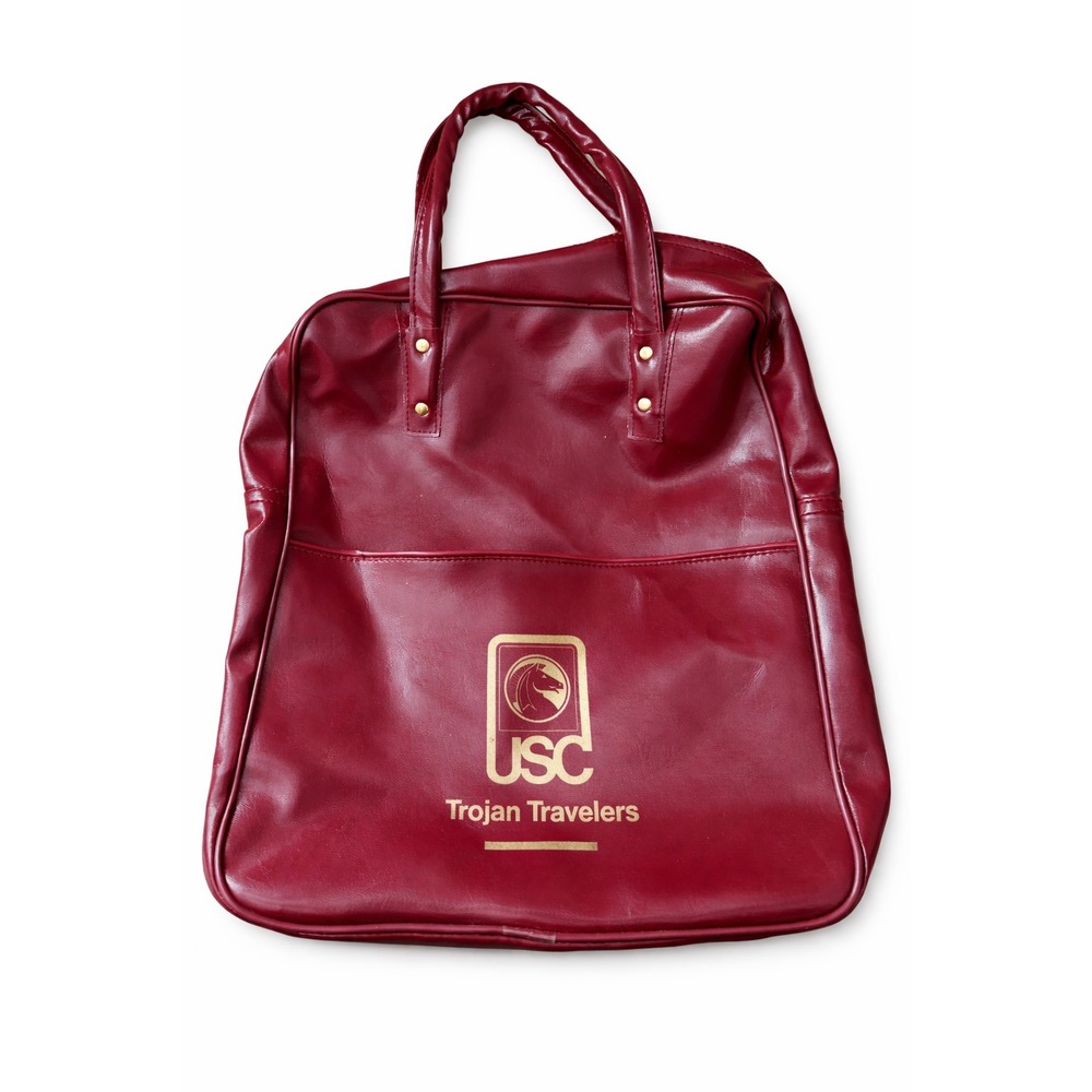 Vintage USC Trojans Tote‎ Bag Red Faux Leather Gold Logo 15x14 Travel